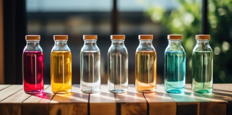 oil bottles on wood, with colorful caps.