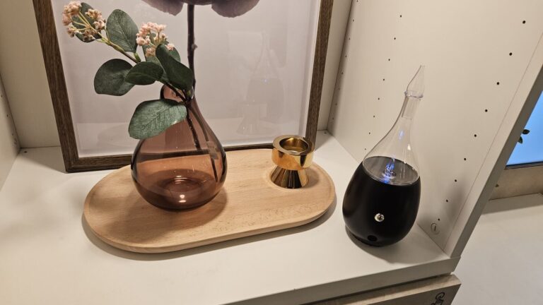 無水精油擴香機 黑蛋形木座、清透淚滴玻璃的擴香儀，擺在白色層架上搭配乾燥花與植物掛畫