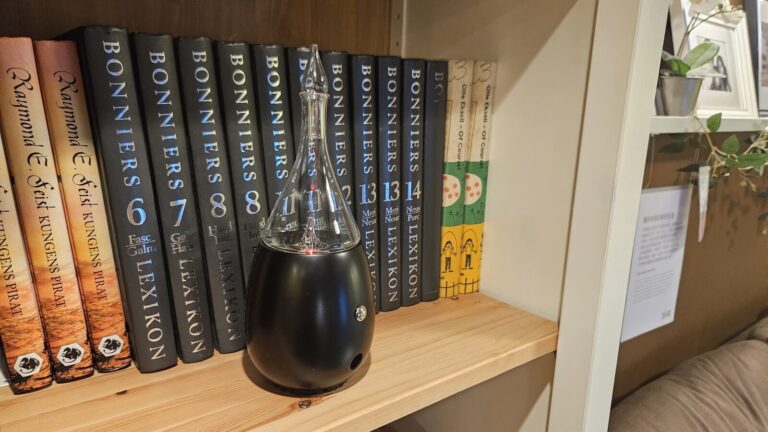 黑色蛋形木座淚滴玻璃擴香儀，書架背景